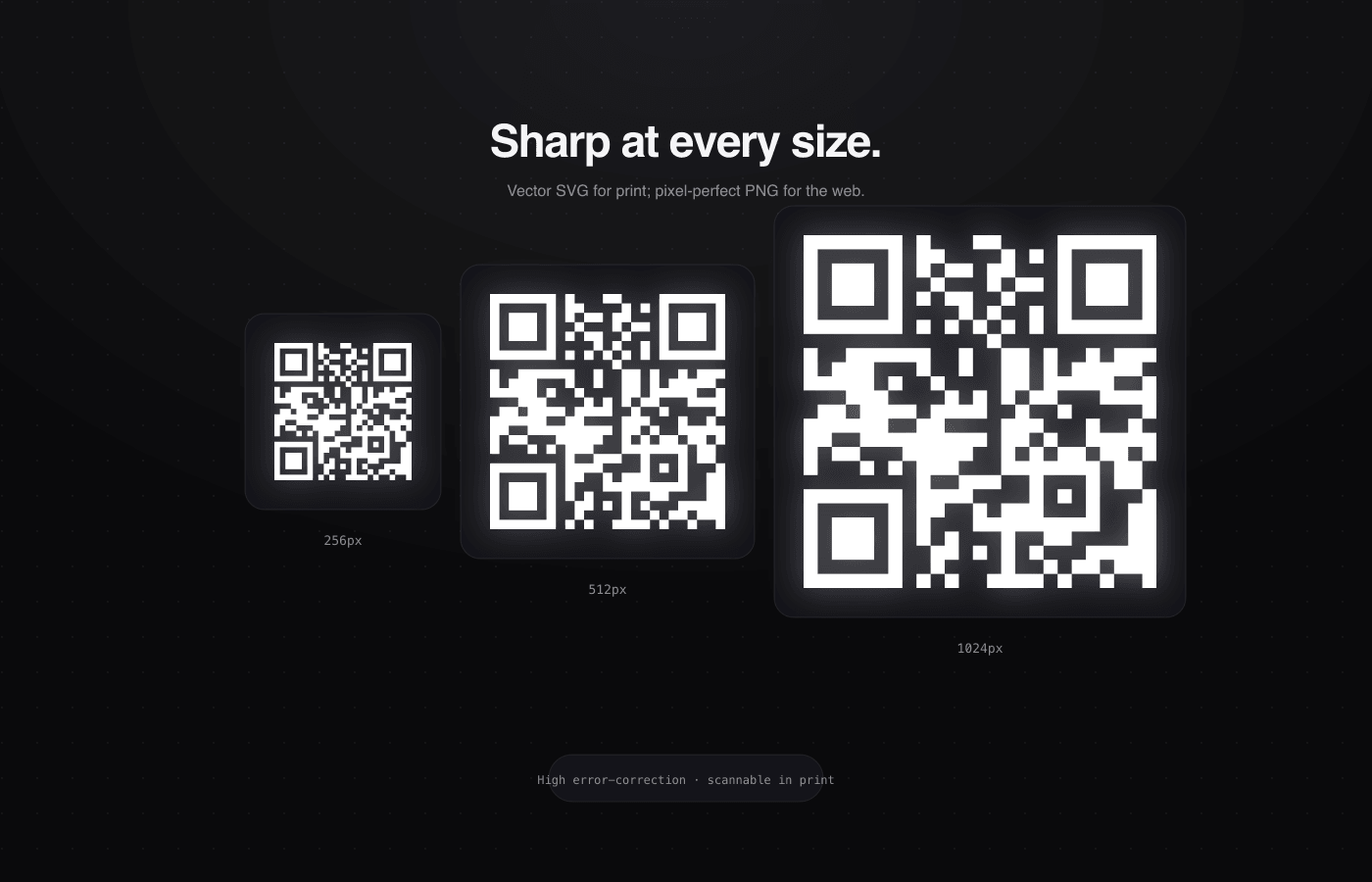 Qrly QR code shown at three sizes, all sharp
