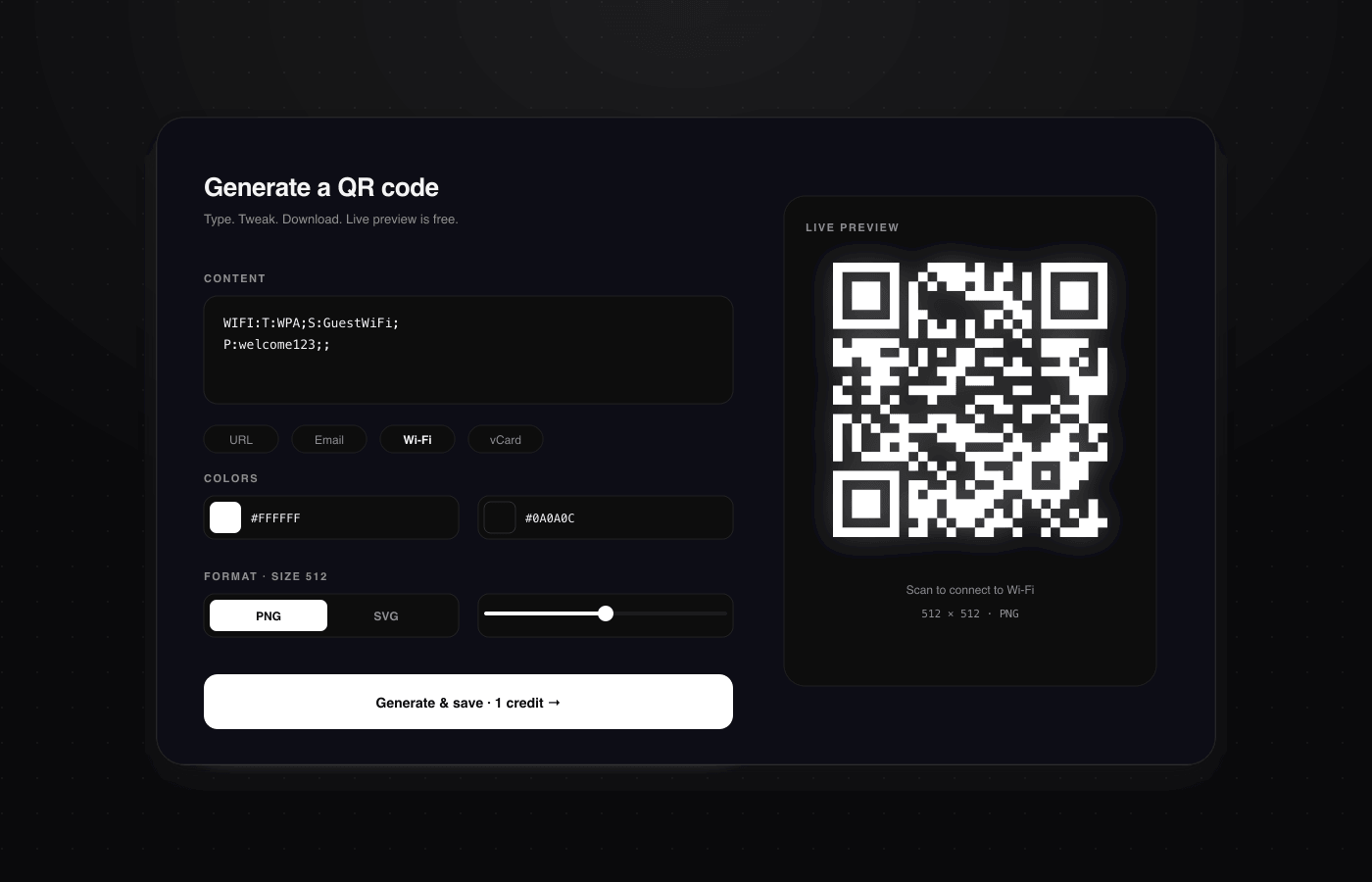 Qrly studio with a live QR preview and color controls
